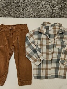 H&M Brown Corduroy Pants and Plaid Button-Up Set